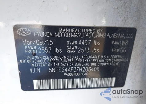 2015 Hyundai Sonata Se z USA, uszkodzony, nr VIN 5NPE24AF3FH203406